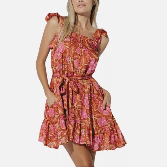 Cleobella Rowan Tie Shoulder Floral Print Spring Mini Dress Orange Pink Small - Picture 1 of 15